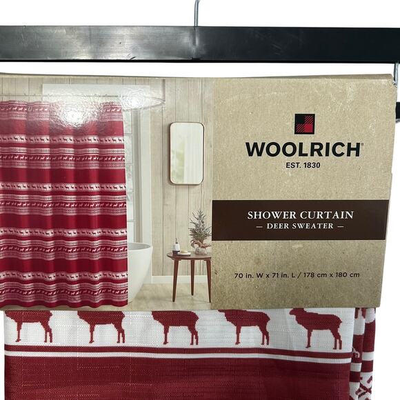 Woolrich Deer Sweater Shower Curtain NWT Sz 70in x 71in Red Cabin Outdoors - Picture 3 of 4